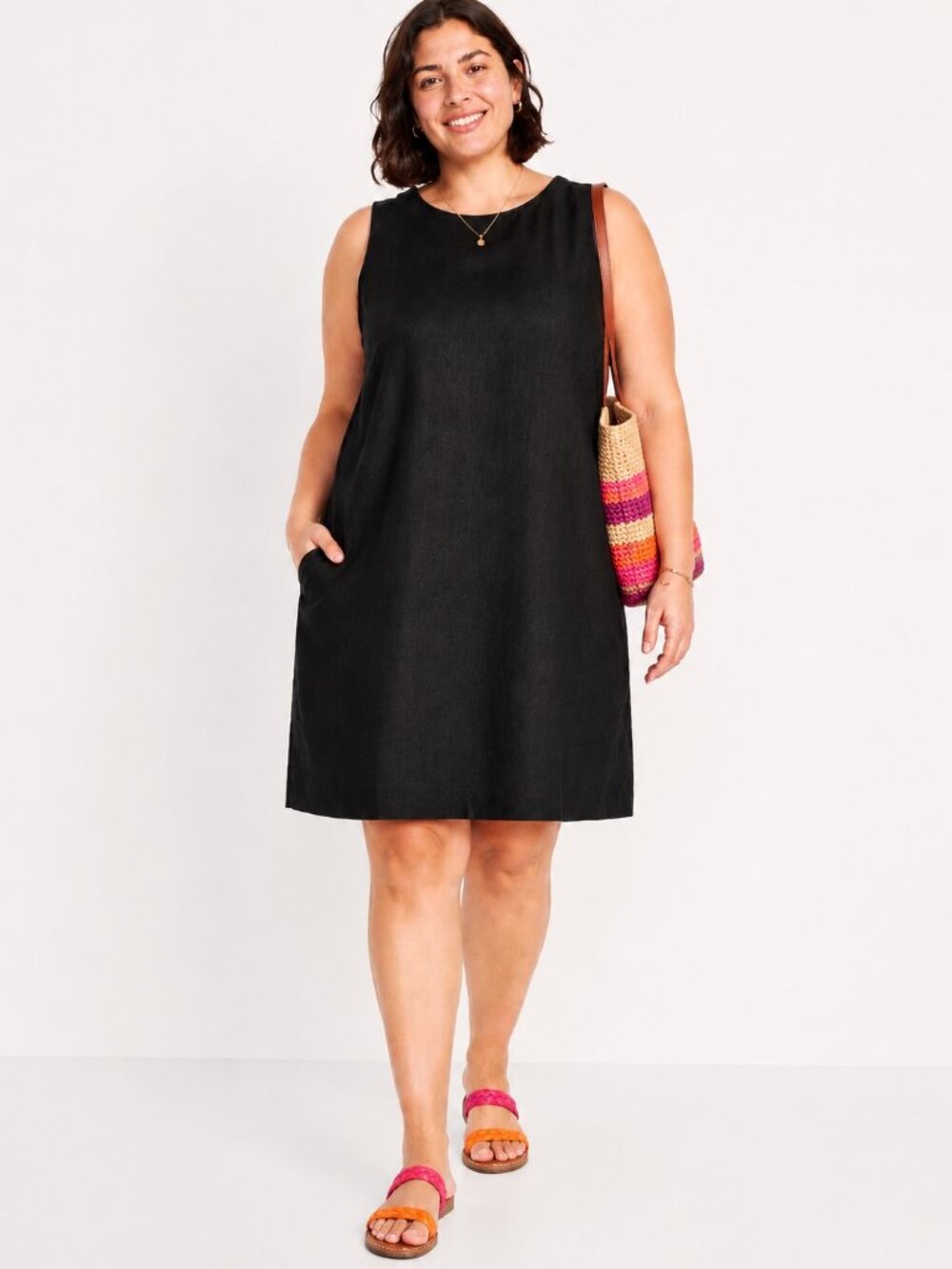 Old Navy Black Linen Blend Sleeveless Mini Shift Dress Keyhole Back Womens XXL
